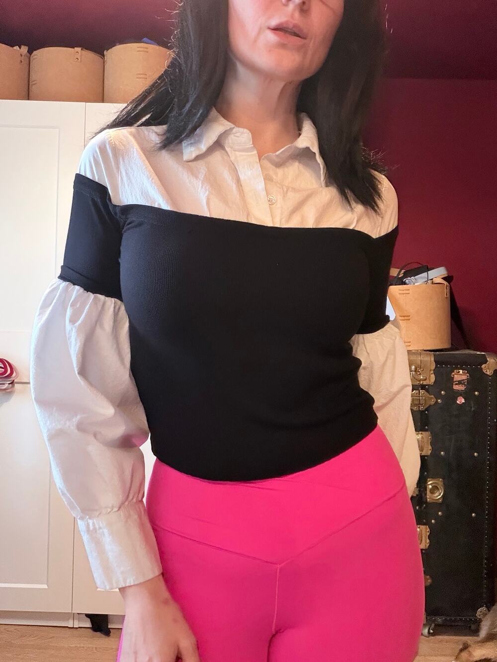 black sweater top with built in button down